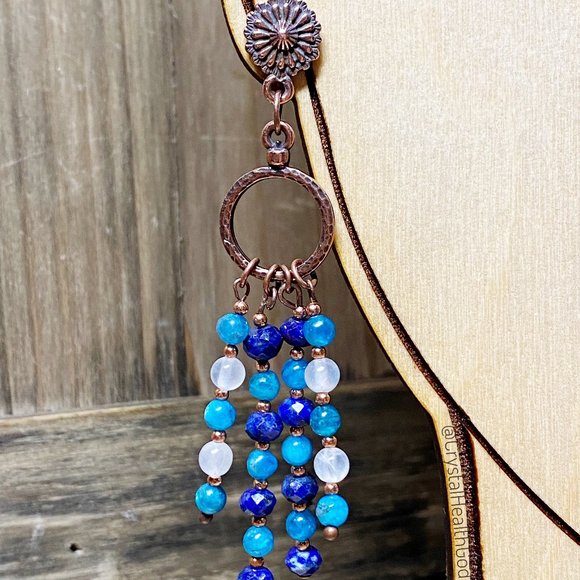 Lapis Lazuli Blue Apatite Selenite Antique Copper Flower Earrings - Picture 1 of 8